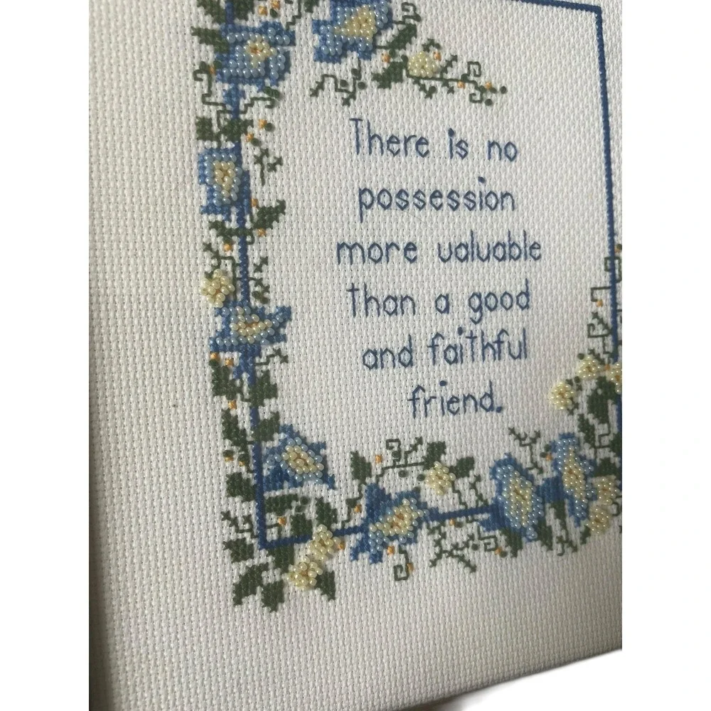 Vintage Framed‎ Beaded Cross Stitch Floral Friend Quote Cottagecore Decor